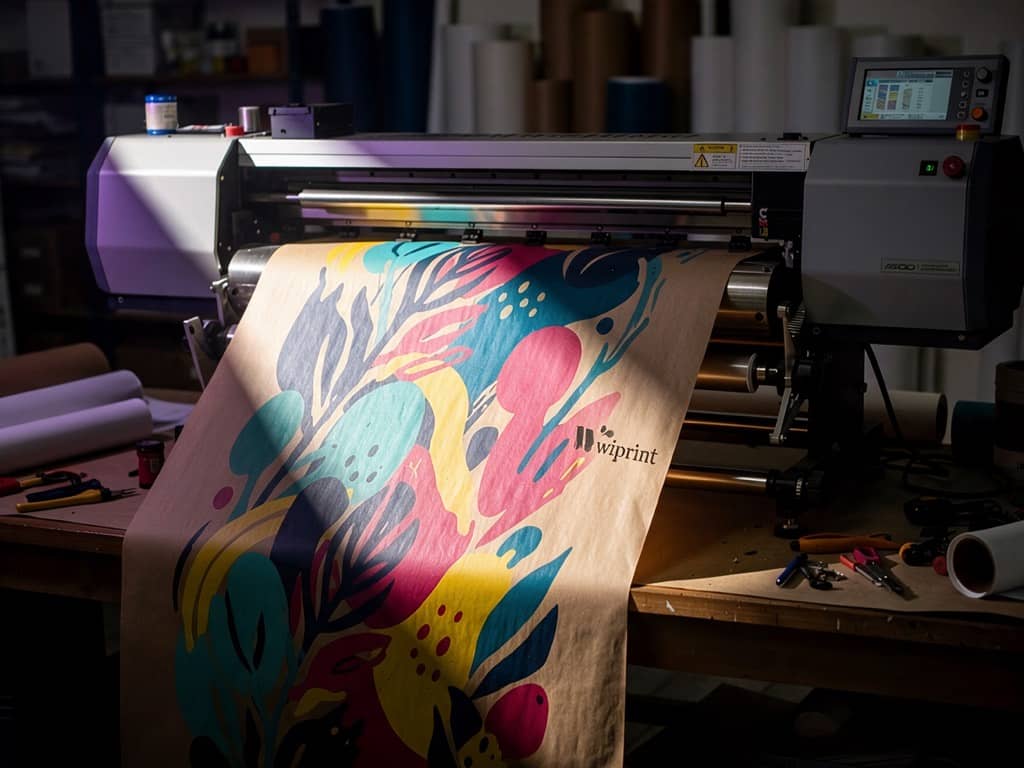 A wide-format press running a full-color floral design onto a roll of kraft paper in the WiPrint studio.