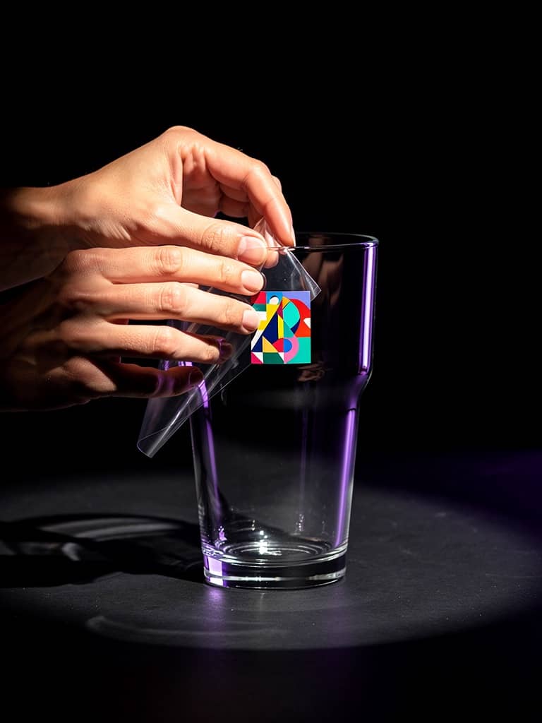 Hands applying a colorful UV DTF transfer to the side of a drinking glass.